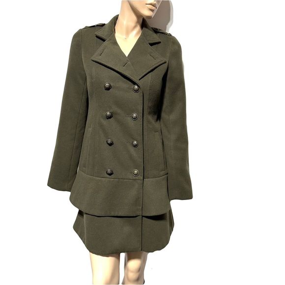 BB Dakota Double Breasted Pea Coat Size M Olive Army Green Military Ruffle - Picture 1 of 11